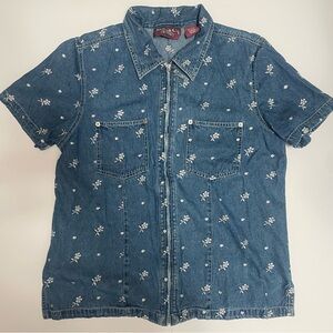 Vintage Denim&Co Blue Floral Embroidered Denim Short Sleeve Shirt Medium